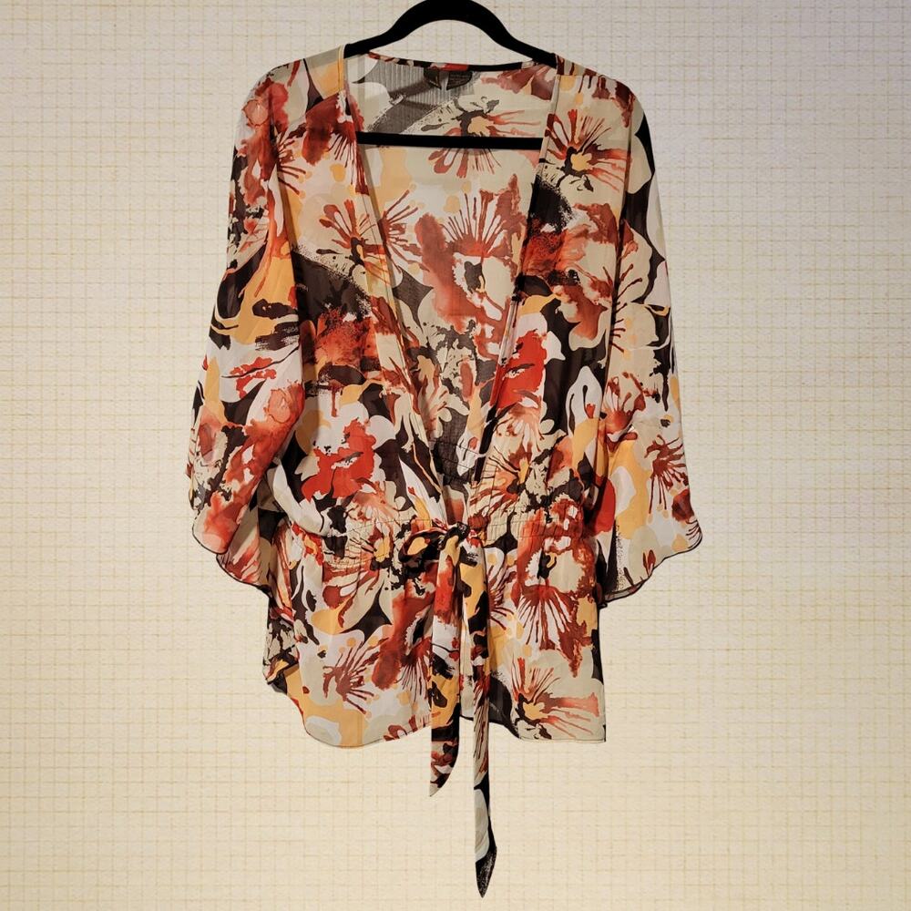Y2K Boho Sheer Floral Kimono Blouse Batwing Sleeves Waist Tie 3X Serenade Size